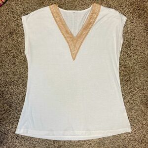 Adorable, Size Medium, White Cap Sleeved Top with Champagne Embroidery.